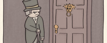 One panel comic. Ebeneezer Scrooge stands at his door looking at the door knocker, which says, "You were to be visited by 3 ghosts. Alas, in-home psychiatric care is not covered by your health insurance."