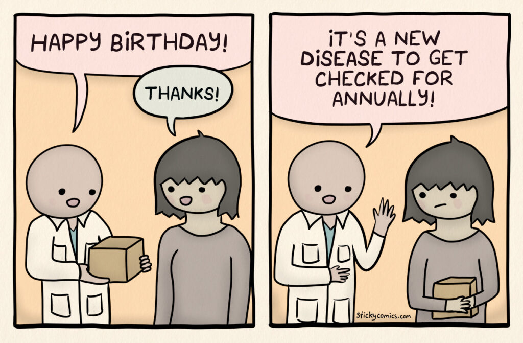 Comic strip. Doctor handing package to woman saying, "Happy birthday!" She says, "Thanks!" She takes the package and he says, "It's a new disease to get checked for annually!"