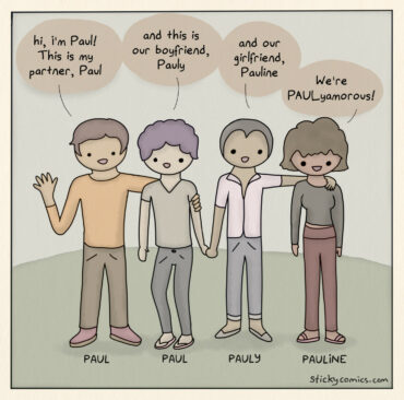 Four people stand together touching. Paul says, "hi, I'm Paul! This is my partner, Paul." The 2nd Paul says, "and this is our boyfriend, Pauly." Pauly says, "and this is our girlfriend, Pauline." Pauline says, "We're PAULyamorous!"