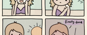 4 panel comic. First panel, woman in swimsuit on sunny day says, "sunscreen time!" 2nd panel, she is applying sunscreen to her shoulders. 3rd panel, she is applying sunscreen to her legs as the sun dips lower in the sky. Final panel, the sun in setting as she frowns and says, "finally done."