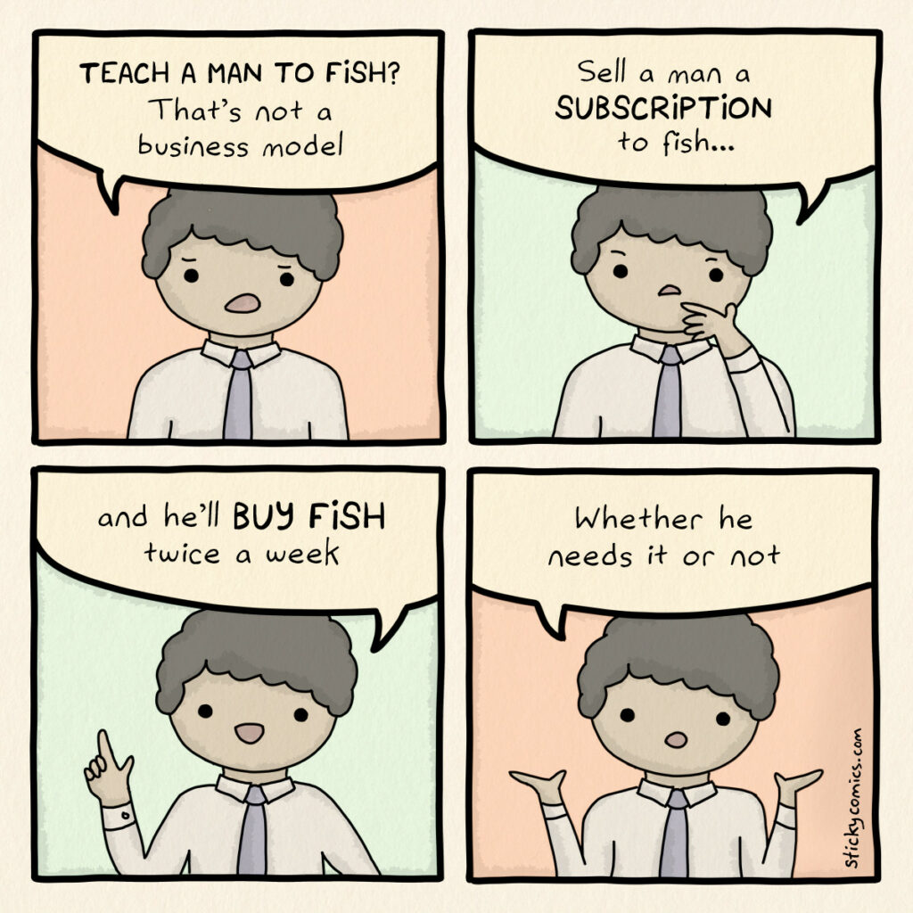 Comic strip of man in tie says: TEACH A MAN TO FISH? That's not a business model. Sell a man a SUBSCRIPTION to fish... and he'll BUY FISH twice a week. Whether he needs it or not.