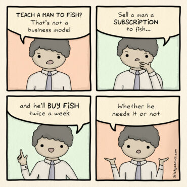 Comic strip of man in tie says: TEACH A MAN TO FISH? That's not a business model. Sell a man a SUBSCRIPTION to fish... and he'll BUY FISH twice a week. Whether he needs it or not.